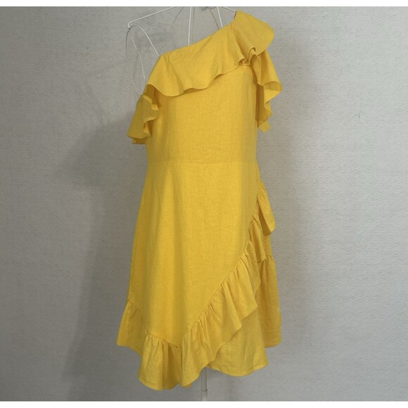 A New Day Dress Women 14 Yellow Linen Ruffle Darts 1 Shoulder Party Salsa NWT - Picture 14 of 15